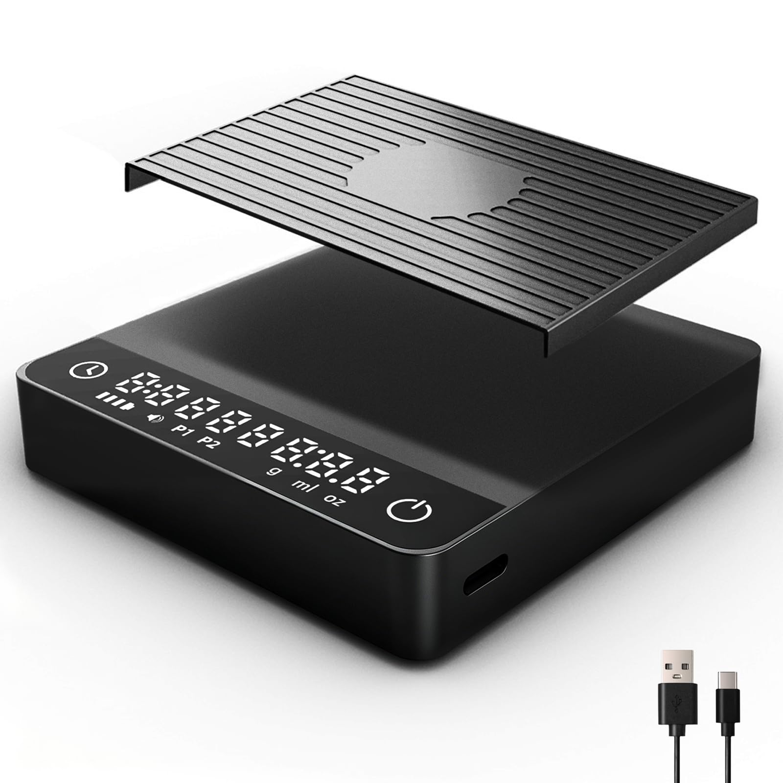 Mini-Kaffeewaage mit Timer, wiederaufladbare Espressowaage mit Schwerkraftsensor, 2 kg/0,1 g, hochpräzise digitale Küchenwaage für Espresso & Übergießen, Schwarz