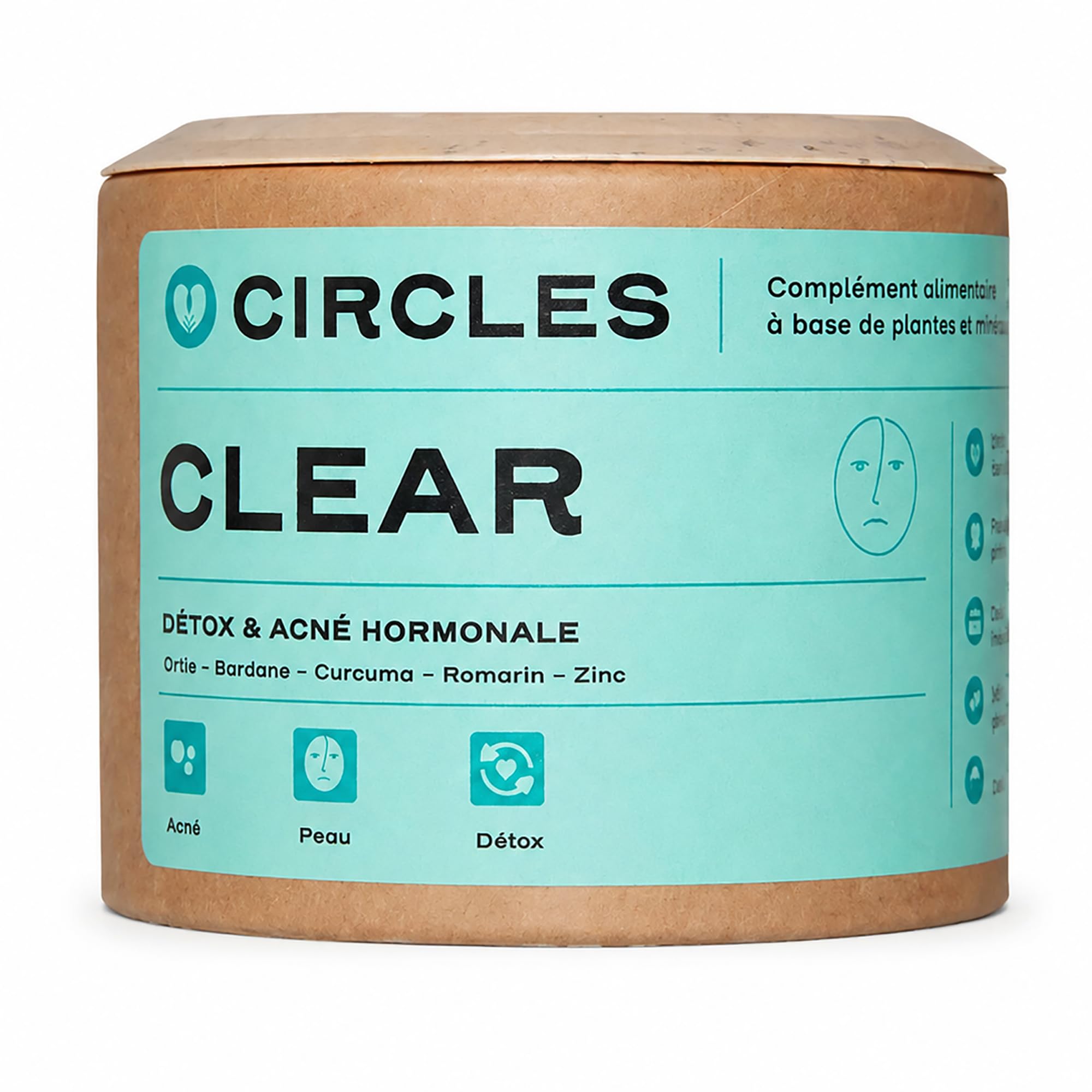 Circles CLEAR Peau Cheveux Ongles - Complément Zinc + Bardane Ortie Romarin Curcuma - Détox Peau & Équilibre Hormonal Femme - Acné Hormonale - 60 Gélules Vegan 1 Mois - Fabriqué en France