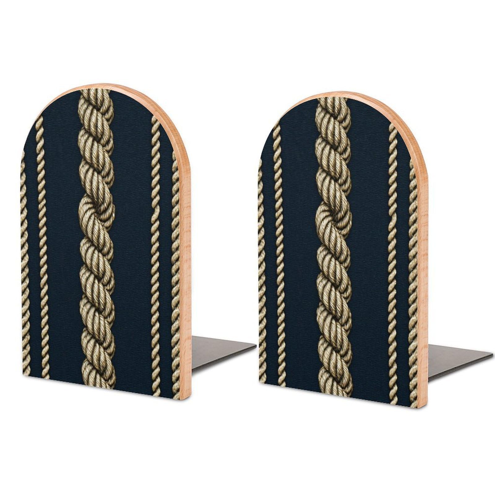 Luxury Ornamental Thick Braided Rope Minimal Wooden Bookends Shelves 2 PCS Sturdy Book Holders Desktop Organizer for Home Office Libraries