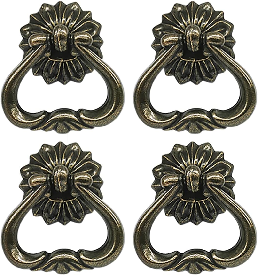 CIEVOO 4 Pack Antique Brass Cabinet Pulls,Antique Brass Drawer Pulls,Ring Pulls for Dresser Drawers,Vintage Pull Ring Dresser Handles,Single Hole Cabinet Hardware Furniture Pulls