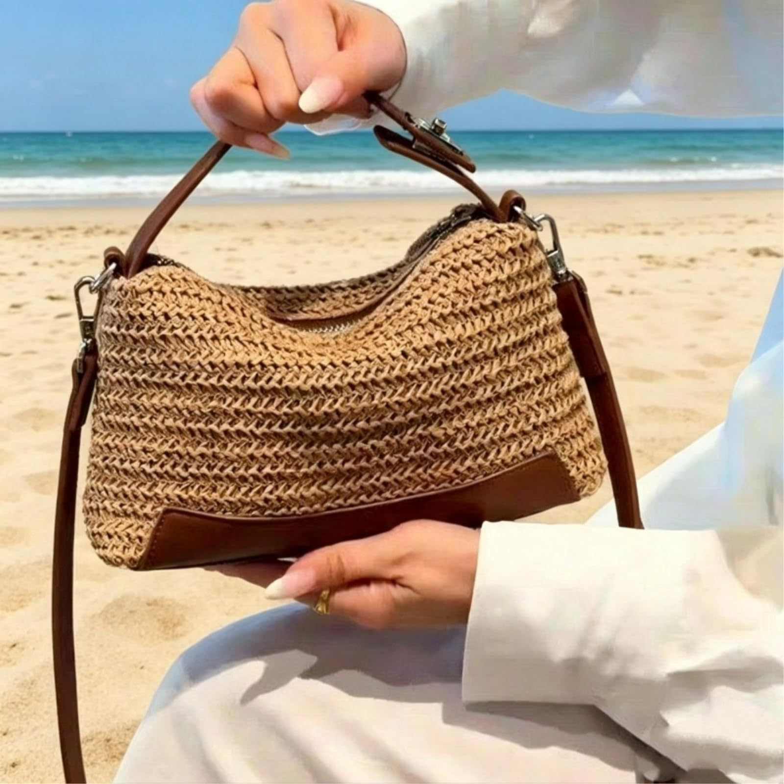 Bolso Hombro Paja Empalmado Tejido Barril De Cierre Cremallera Correas Desmontables Verano Playa Crossbody Mini Bolso-Black