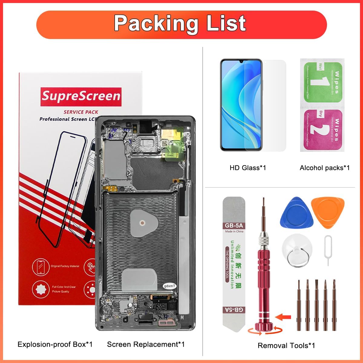 OLED Screen Replacement for Samsung Galaxy Note20 4G/5G, Touch Digitizer Display Assembly with Frame and Tool kits, Supports Fingerprint (Black with frame)