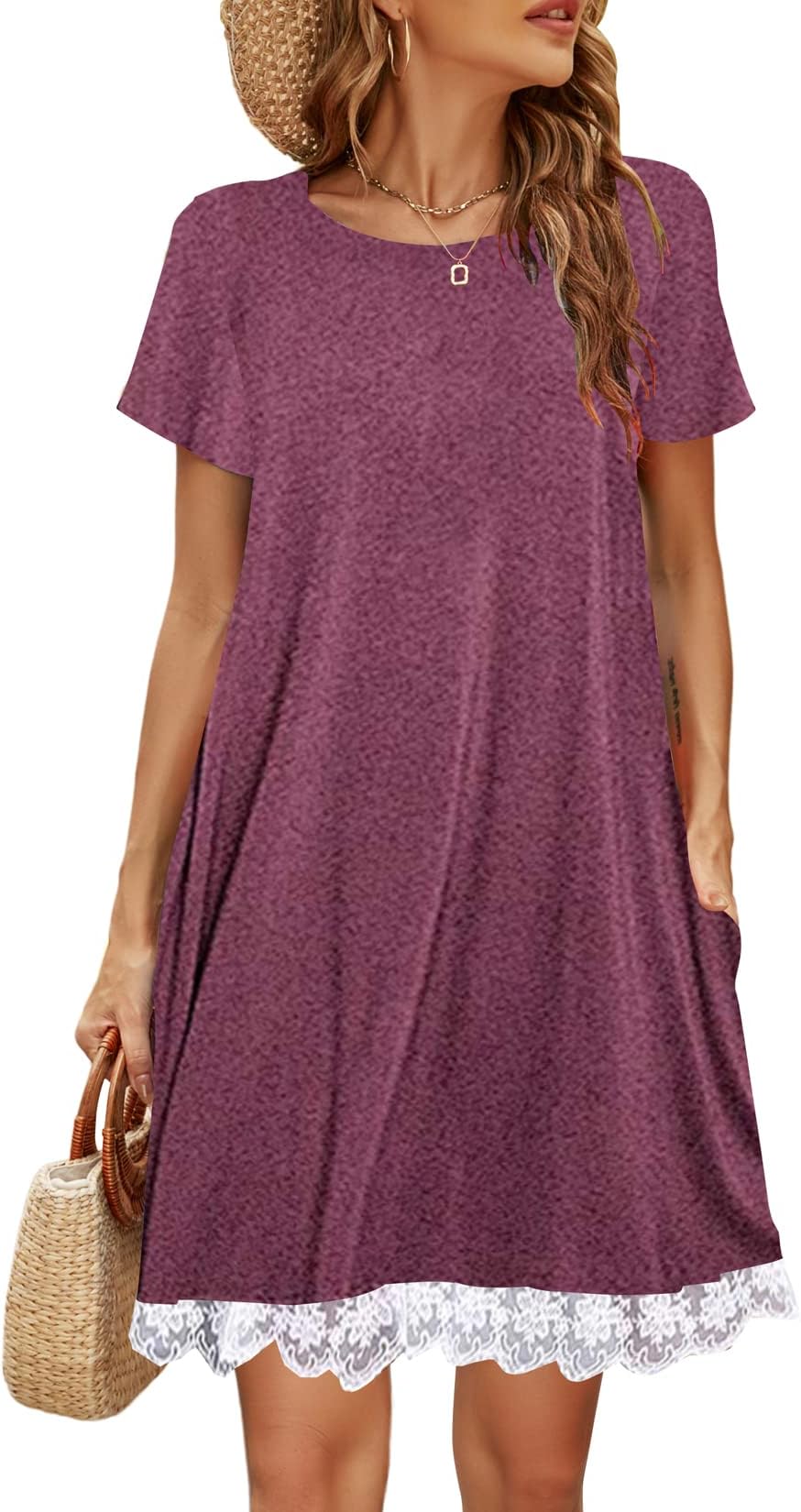 HalifeWomens Summer Casual Tshirt Dress Loose Lace Hem Short Sleeve Beach Sundresses with Pockets
