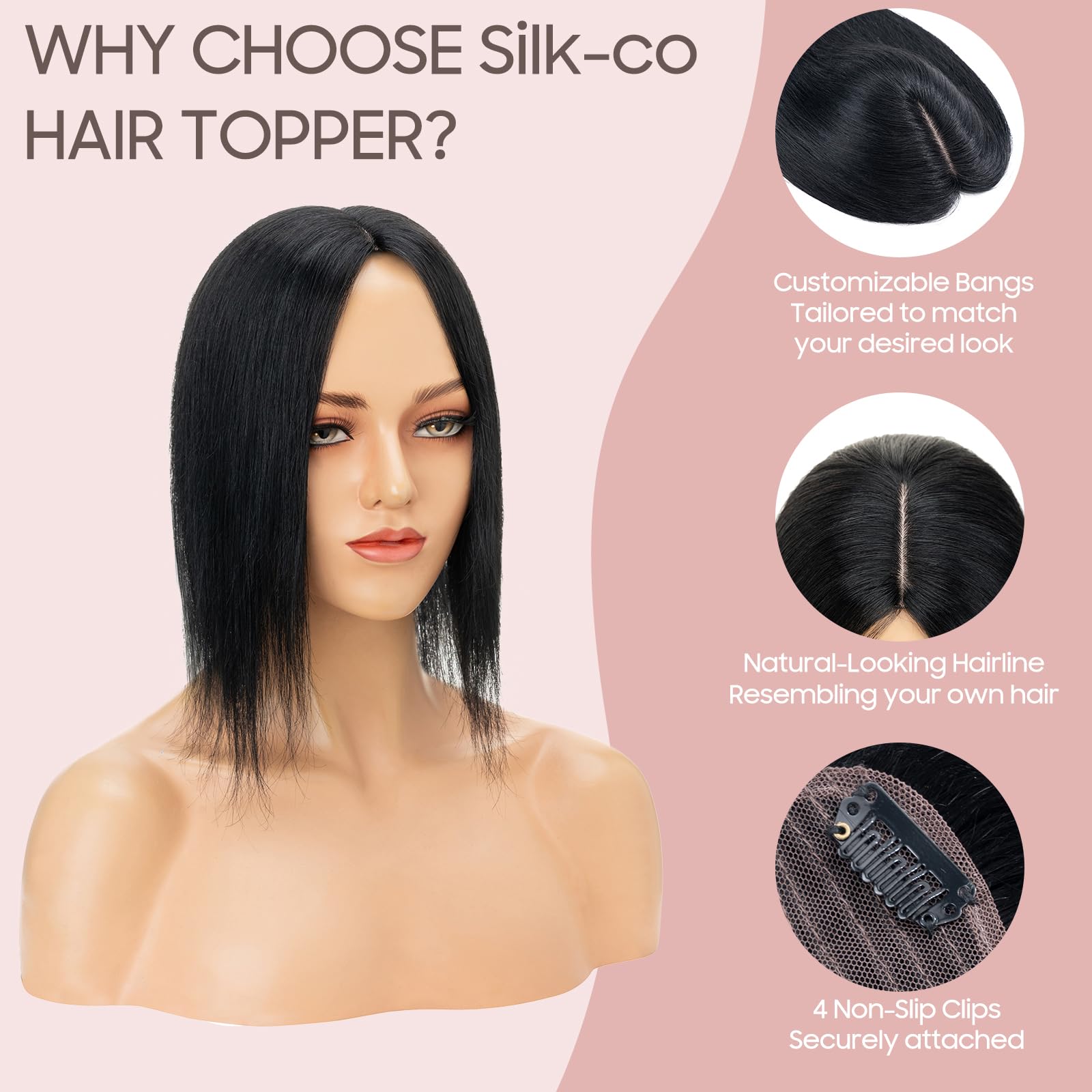 35 cm (45 g) Extensiones de Clip de Pelo Natural Prótesis Capilar Mujer Encaje 10cm*12cm 100% Remy Cabello Humano Flequillo Postizo Hair Topper #1 Negro Intenso
