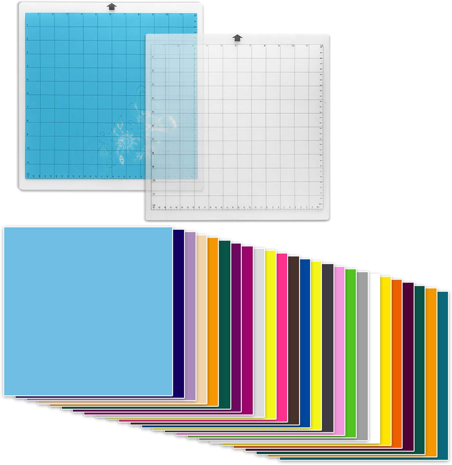 WIWAPLEX 2Pack Cutting Mat for Silhouette, Standardgrip 12x12Inch Cutting Mat for Cameo with Permanent Self Adhesive Vinyl Sheets in 25 Assorted Colors for Craft Sewing Scrapbooking