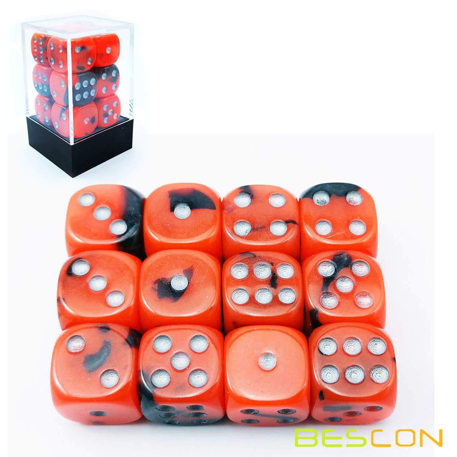 Bescon D6 Hot Rocks – 12 Dados Luminosos Bicolor De 16 Mm – Números Plateados Grabados – Incluye Caja De Plástico – Ideales Para Juegos De Mesa