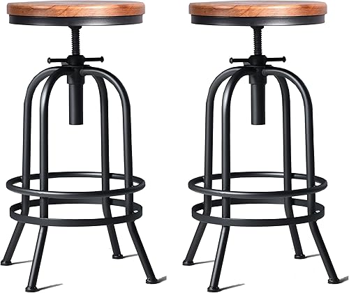 Miniatura 31 de Diwhy Taburete de bar industrial, de 26-32 pulgadas, ajustable, giratorio, de madera, de metal, con respaldo, para cocina, comedor, pub, bistró,