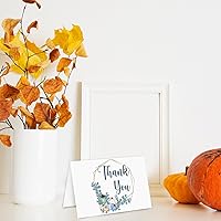 Vista 5 de AnyDesign Paquete de 36 tarjetas de agradecimiento de calabaza de otoño, color gris y azul, con calcomanías de sobre, hojas de eucalipto azules