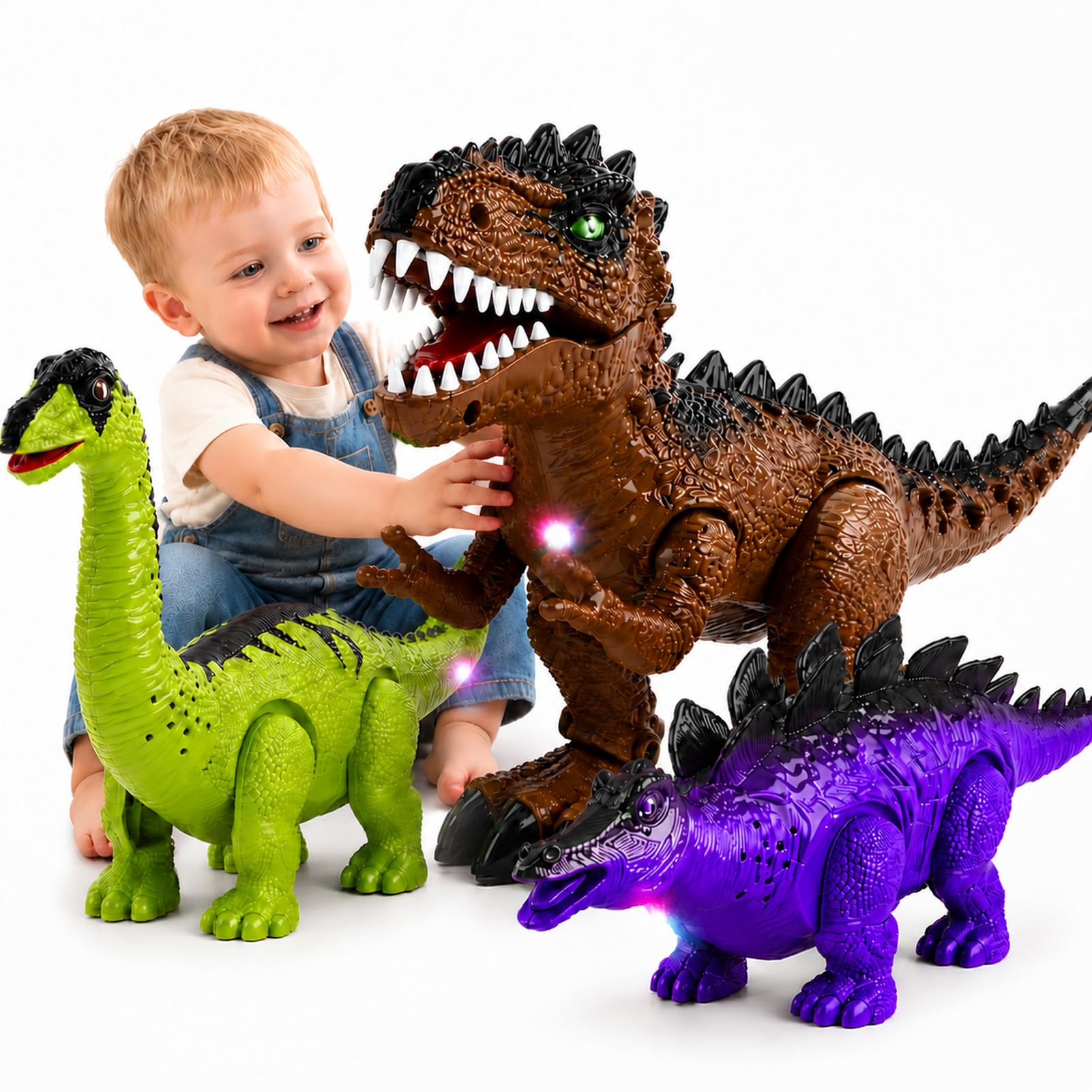 3 en 1 Juego de Dinosaurio Caminante Realista con Sonidos Naturales, 3 Figuras de Tyrannosaurus, Brachiosaurus, Triceratops, Regalo para Niños de 3+ Años.
