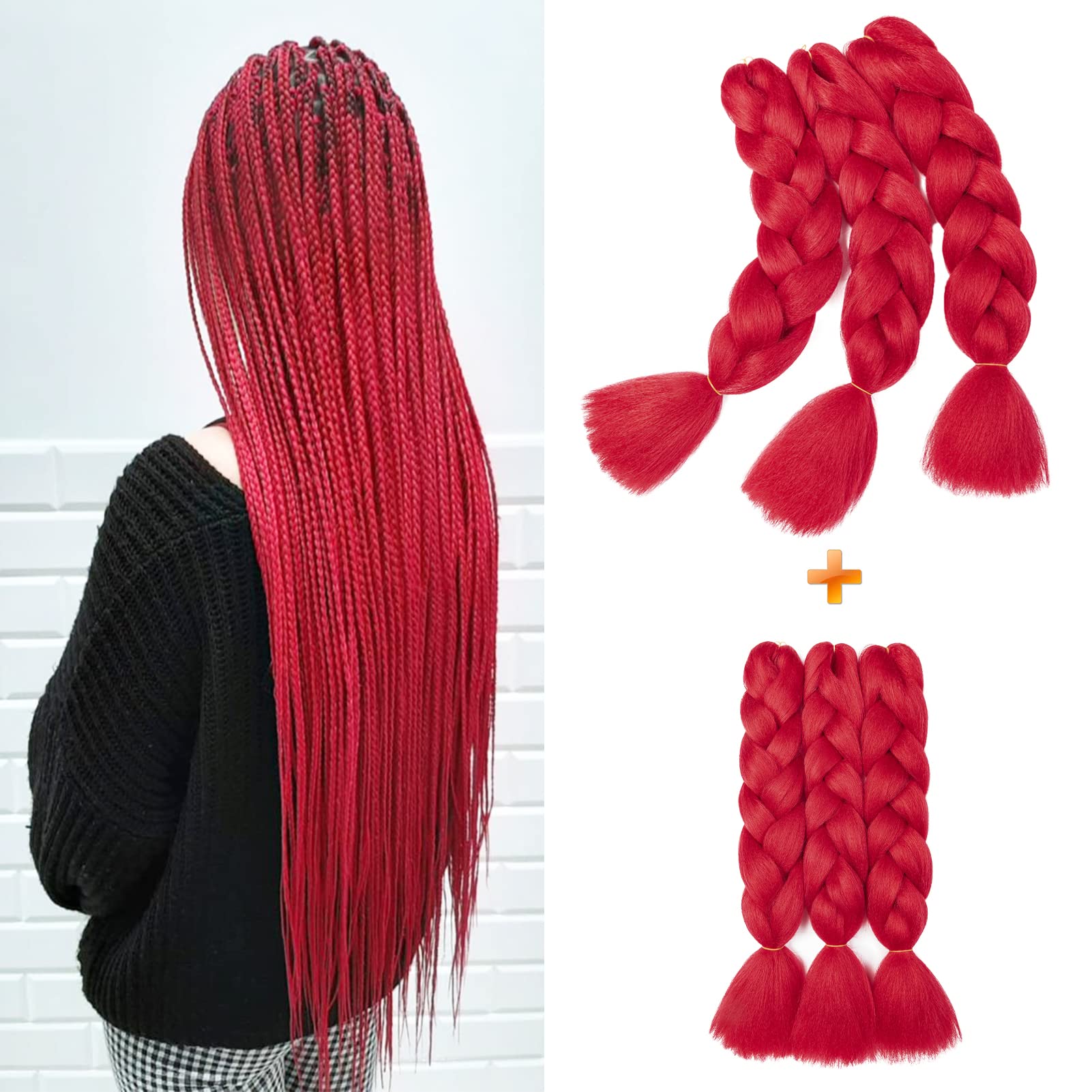 Gairyan Treccine Africane Extension per Treccine Afro Capelli Finti 24" Ombre confezione da 6, Treccia Capelli Sintetici Crochet Twist Jumbo Braids (Rosso)