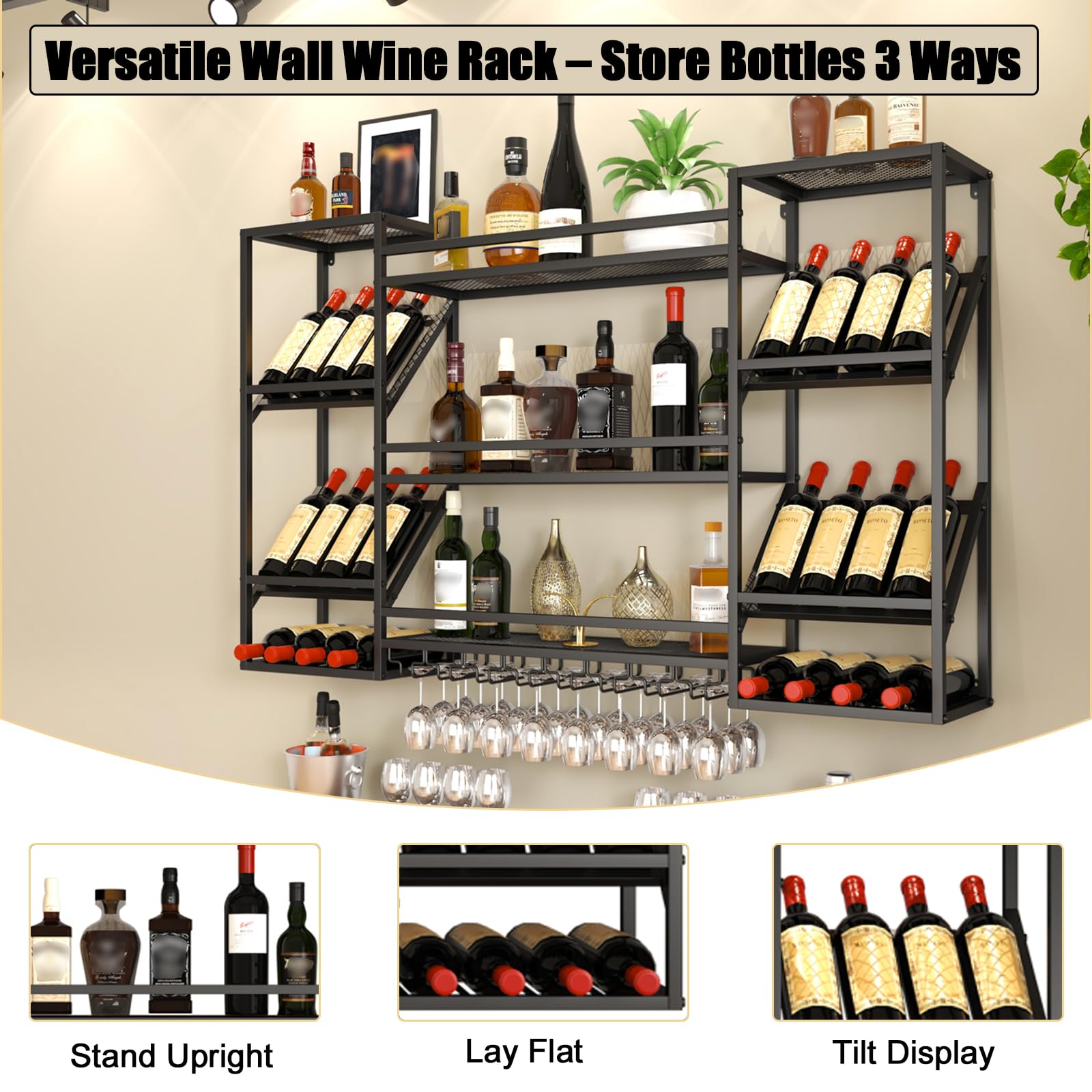 Wandweinregal Metall mit Glashalter, 3 Ebenen Weinregal Wand mit Schutzreling, Schwebendes Barregal für Weinflaschen & Weingläser, 3-Winkel-Halterung (45°, 90°, 180°), Industrie-Stil (100CM)