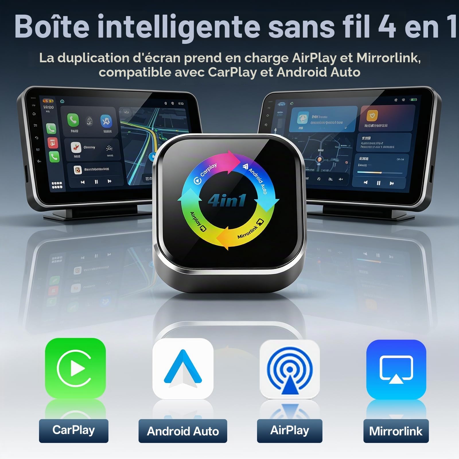Adaptateur sans Fil CarPlay 4 en 1 - Filaire vers sans Fil pour Car-Play & Android Auto avec Mirror Link & AirPlay, Module CarPlay sans Fil Plug & Play pour téléphone et Android, Voitures à partir de