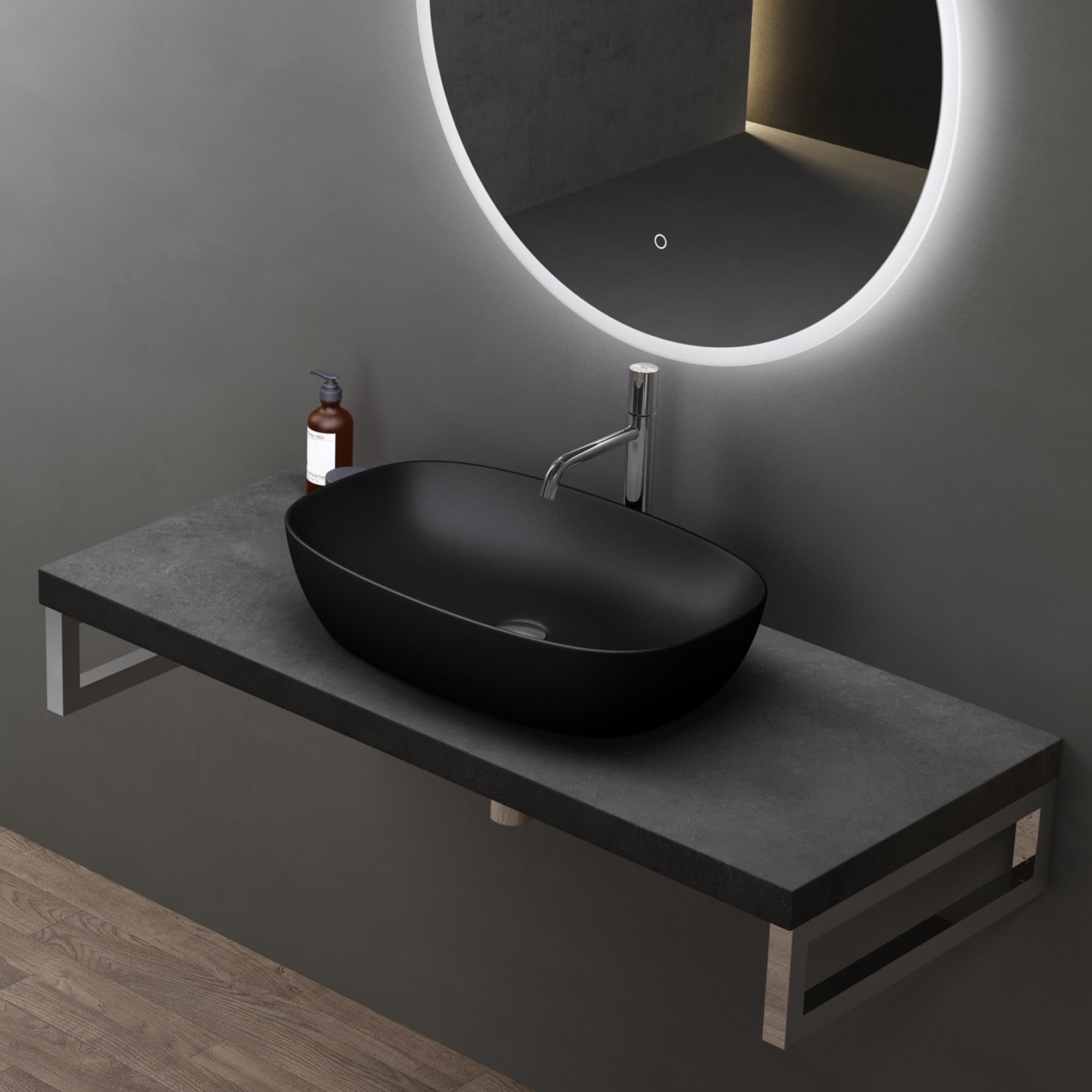doporro Lavabo da Appoggio 60x39,5x14cm, Lavandino Bagno Brüssel104 in Ceramica con Nano Rivestimenti inclusi, Nero opaco