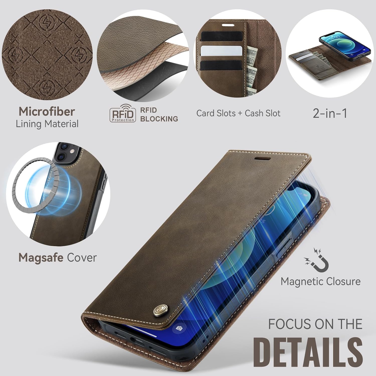 Wallet Case for iPhone 12 / iPhone 12 Pro Compatible with Magsafe, 2-in-1 PU Leather Flip RFID Blocking Card Holder Stand Shockproof Magnetic Detachable Cover for iPhone 12 Pro Case, Brown