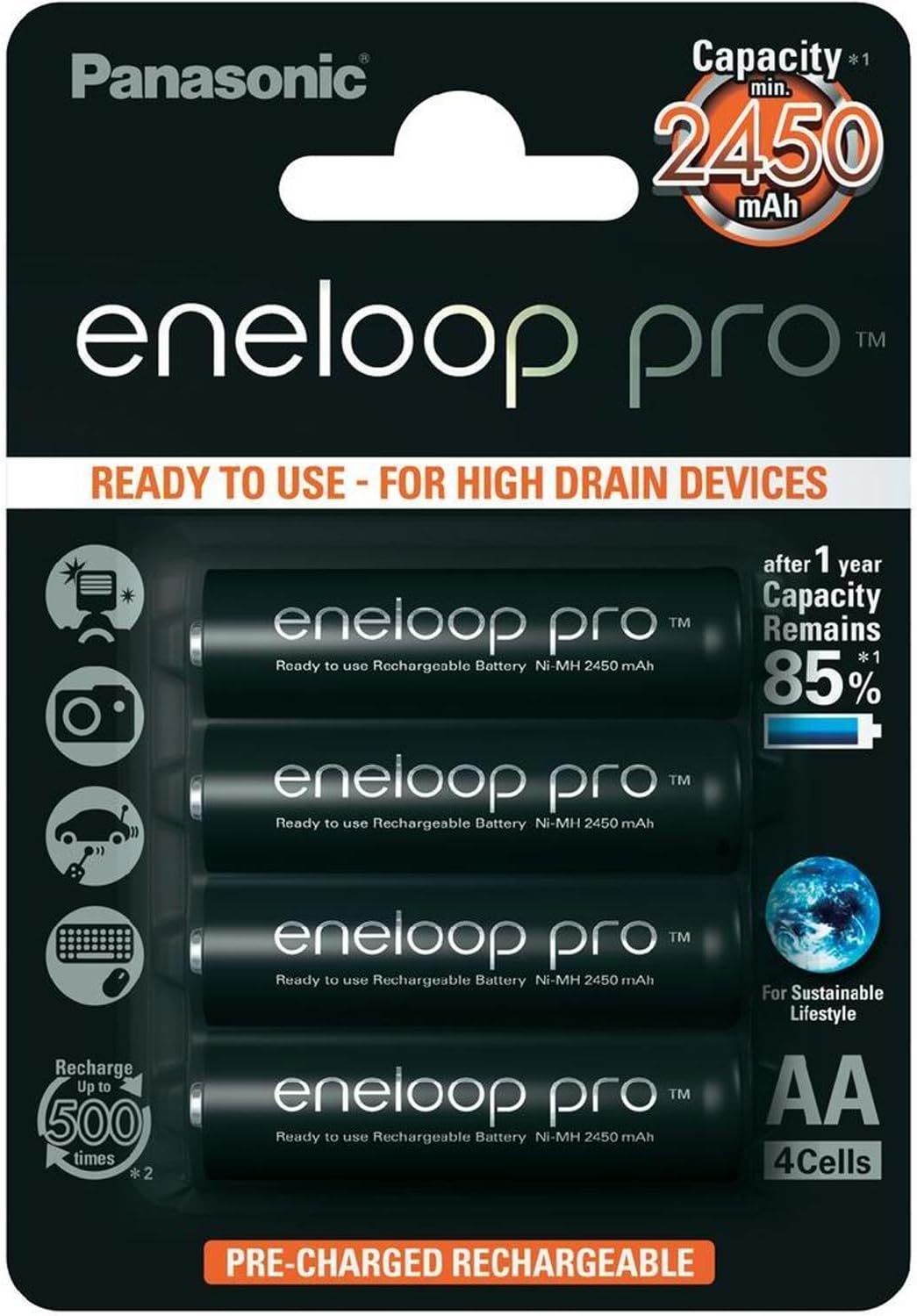 Panasonic eneloop Pro, Ni-MH battery ready to use, AA cute, pack of 4, min. 2500 mAh, 500 charge cycles, with increased performance and low self-discharge, rechargeable battery