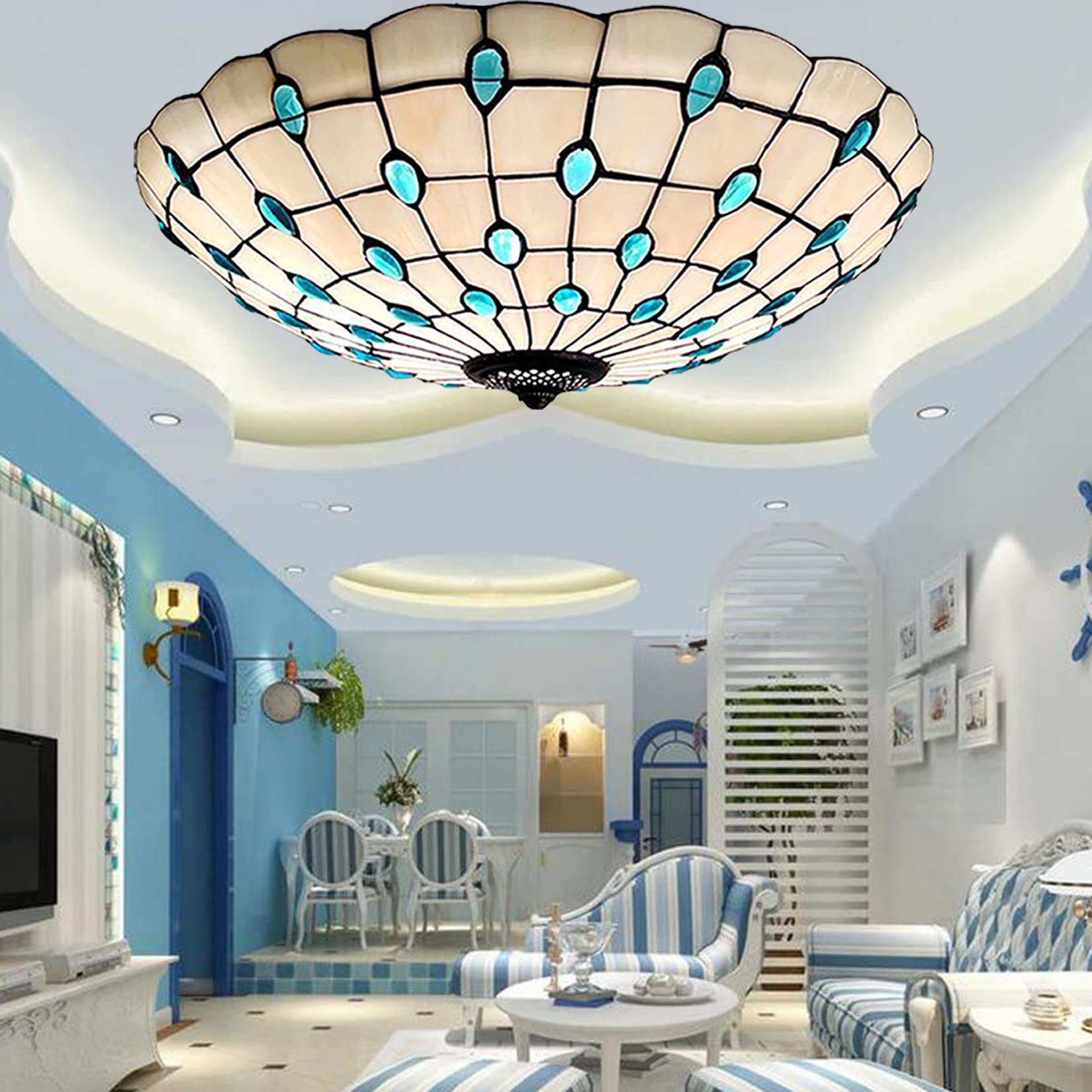 Aioneer Tiffany Ceiling Lights,Stained Glass Ceiling Light,Tiffany Flush Mount Ceiling Light For Bedroom Dining Living Room Entryway Foyer Hallway Kitchen,Mediterranean Ceiling L-Blue 1-21in