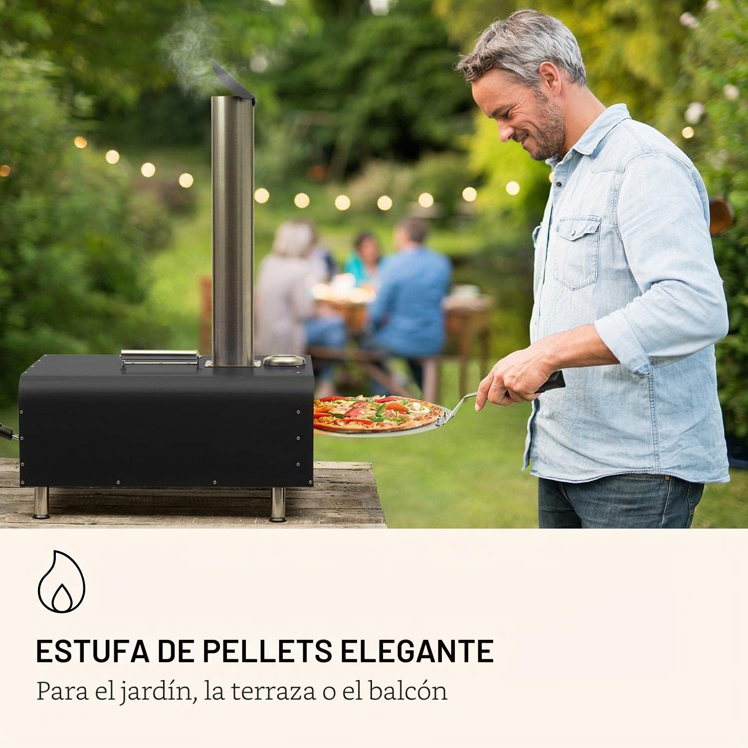 Klarstein Diavolo - Horno de pellets para pizza, Piedra para pizza de 13'' (33 x 33 cm), Termómetro 430 °C, Bandeja de goteo, Empujador, Accesorios carne, Asa plegable, Acero inoxidable, Antracita