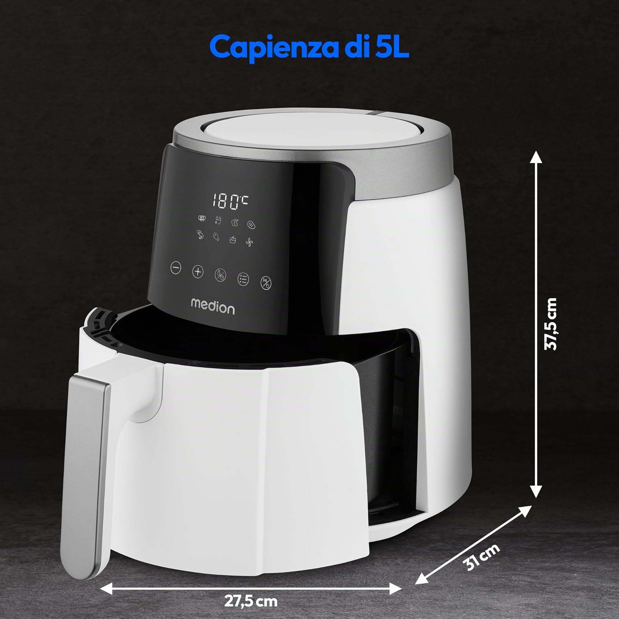 MEDION Friggitrice ad aria calda P40 L (4,7 litri, 1500 watt, funzionamento semplice, frittura senza olio, timer 60 minuti, fino a 200° C, rivestimento antiaderente, MD13030) bianco