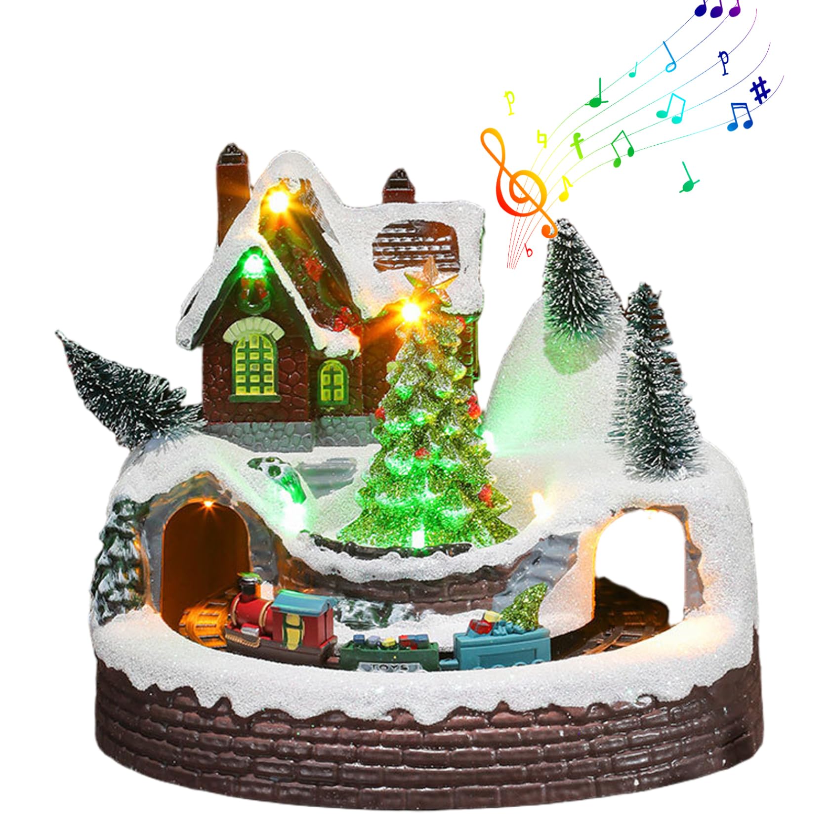 Figuras de Pueblo navideño con Tren Giratorio y árbol de Navidad Casa de Pueblo navideño de Resina con música y luz LED para decoración del hogar de Fiesta