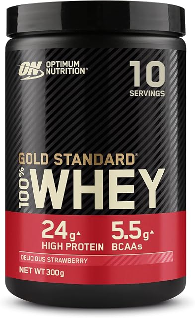 Optimum Nutrition Gold Standard 100% Whey Muscle Building and Recovery Protein Powder with Naturally Occurring Glutamine and BCAA Amino Acids, Delicious Strawberry Flavour, 10 Servings, 300g