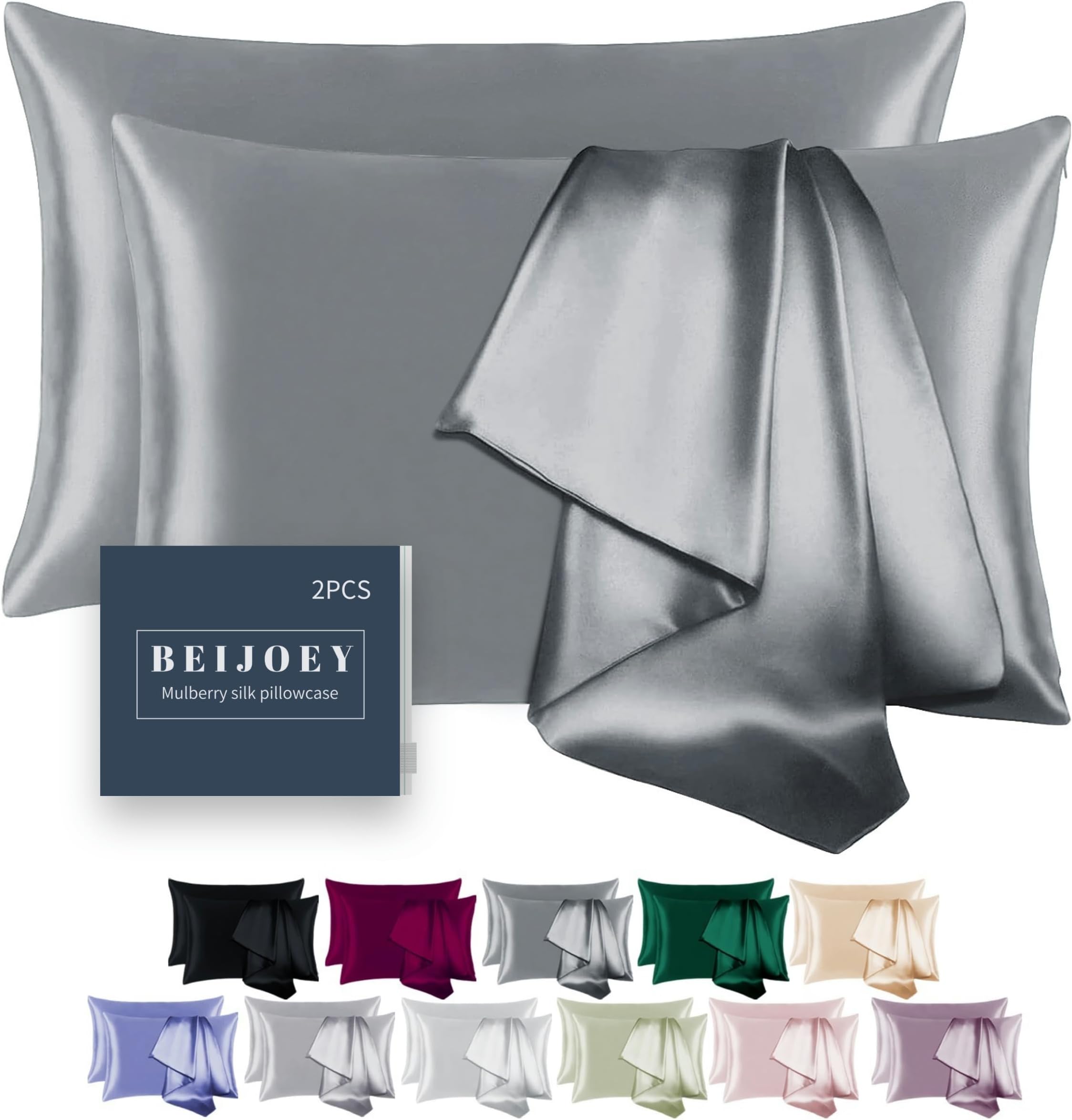 100% Mulberry Silk Pillowcase 2 Pack for Hair and Skin,with Hidden Zipper,Both Sides 19 Momme 600 Thread Count Natural Silk Pillow Cover,Soft Breathable Smooth (Gray, Queen 20''x30'')