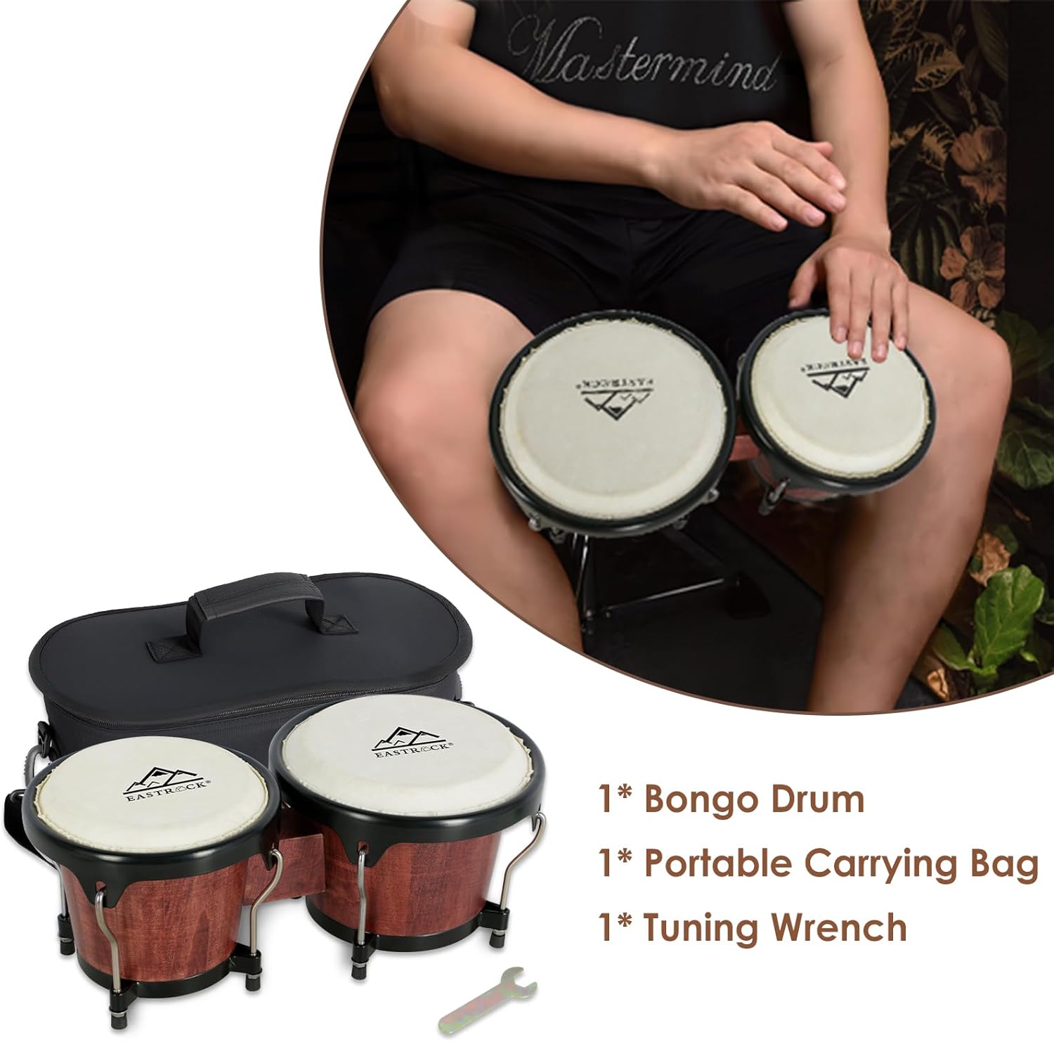 EASTROCK Bongo Drum 6″ and 7″ Set for Beginners Students Adults Professionals, Natural Animal Skin Heads, Solid Wood Shell, Tunable Drum Percussion Instruments Bongos with Bag and Tuning Wrench-Red