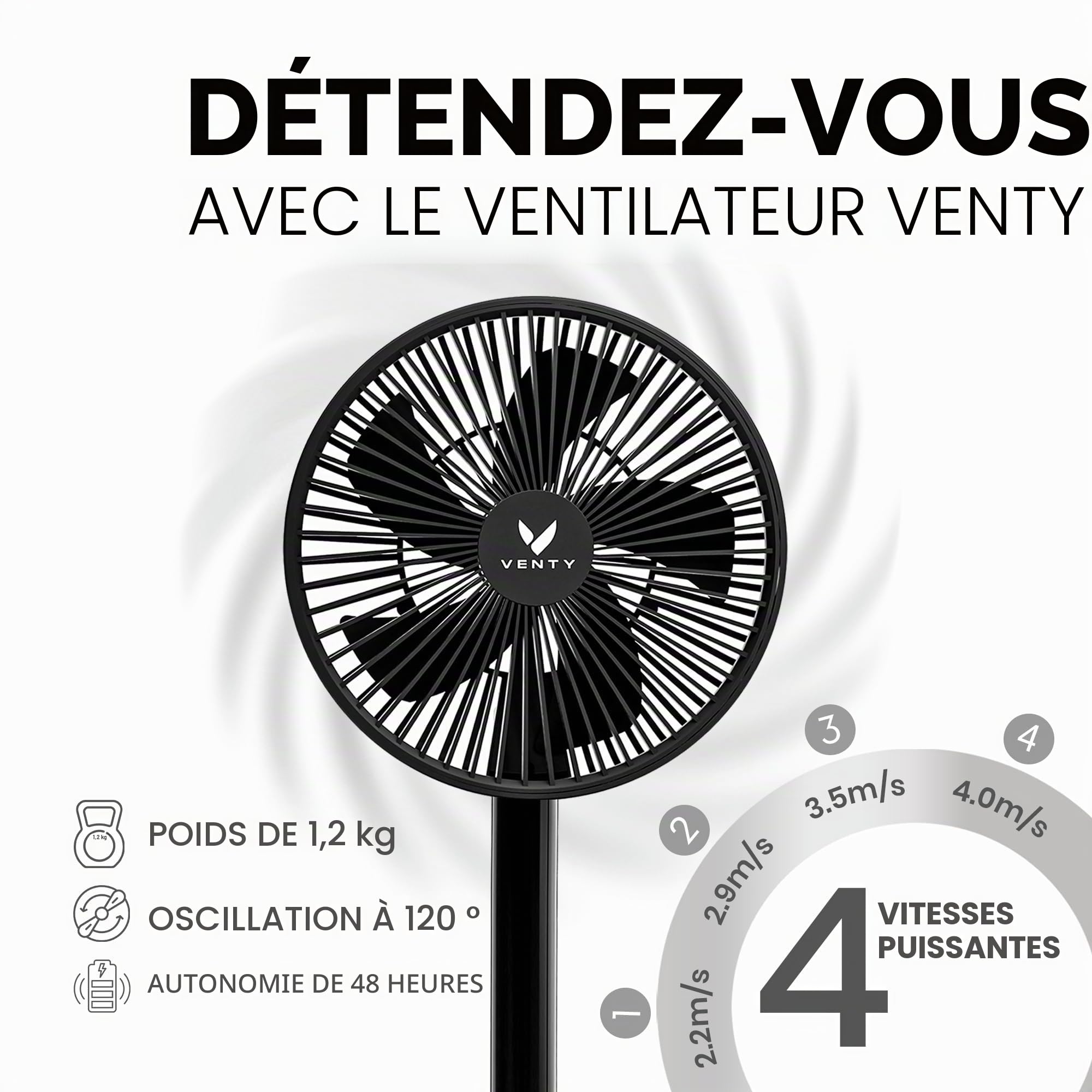 VENTY Ventilateur Portable Rechargeable - Ventilateur Pliable avec étui Transport et Port Usb - 4 Vitesses, Compact et Réglable pour Table, Camping, Bureau - Avec et Télécommande - Portable Fan