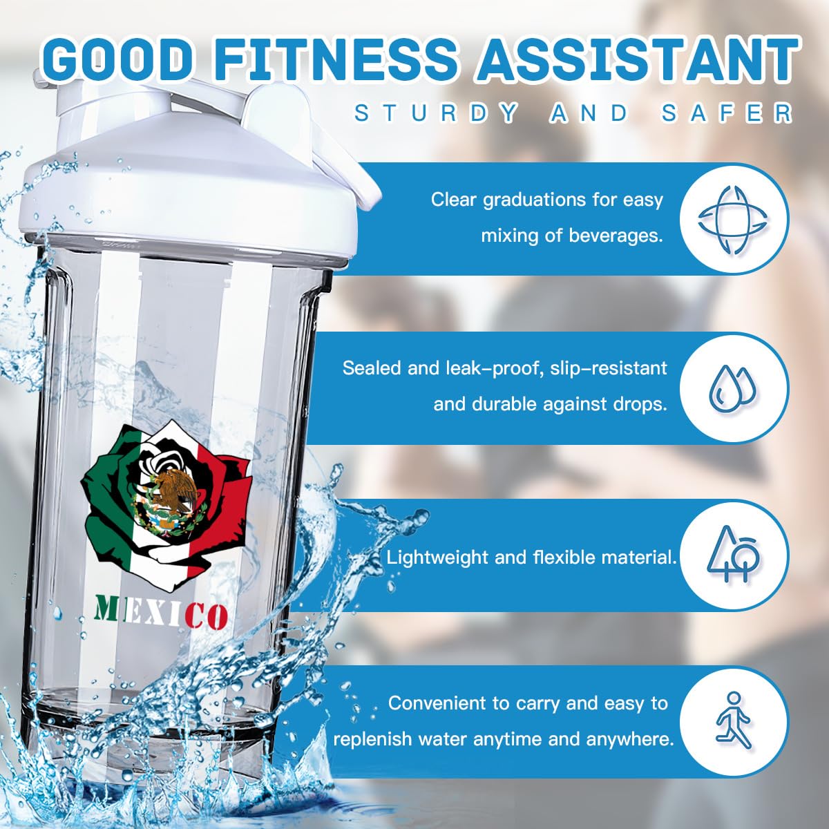 Mexico Flag Roses 18 Ounce Shaker Cup,Fashion Theme Pattern Shaker Bottle Leak-proof Workout Shake Bottles 500ML/18 oz Perfect for Pre Workout-3-1