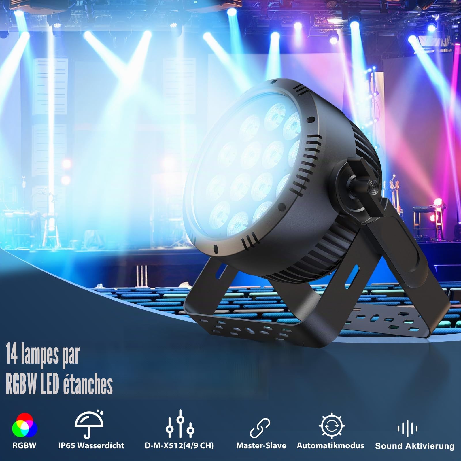 Erreyh 4PCS 210W Projecteur Par LED IP65, RGBW 14 LED Lumière de Scène Étanche, Contrôle D MX 4/9CH, Gradation 0-100% pour Jours de pluie DJ Show Concerts Spectacles et Éclairage Extérieur