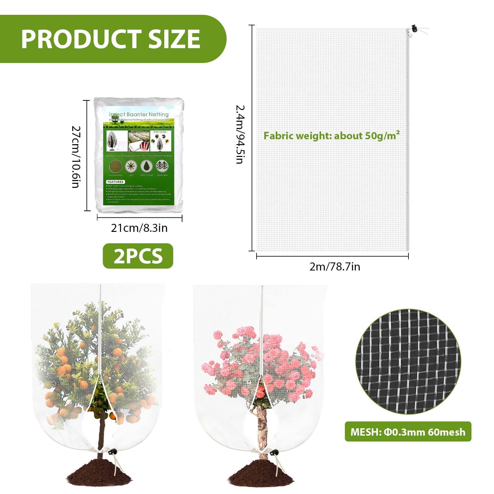 2 Pezzi Rete Protezione Alberi da Frutto 2 x 2,4m con Cerniera e Coulisse, Rete Anti Insetti per Giardino, Piante, Fiori, Verdura, Protezione da Uccelli, Rete da Giardino per Alberi da Frutto