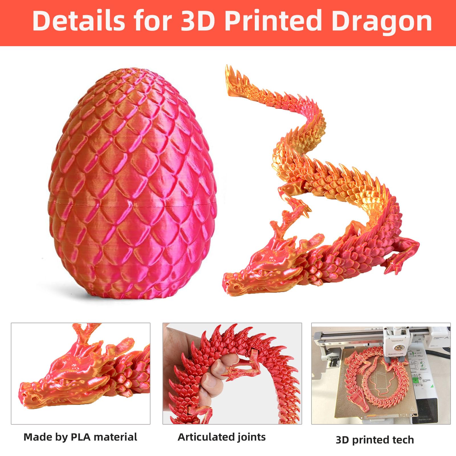 3D Printed Dragon in Egg - Flexible Articulated Crystal Dragon Fidget for Home and Office Executive Desks Décor - Image 4