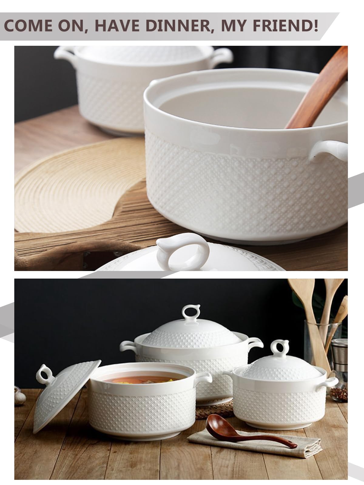 Soupière créamique blanche avec couvercles, grand bol de service à soupe en porcelaine avec poignée, passe au micro-ondes, au lave-vaisselle et au four 3,6 l