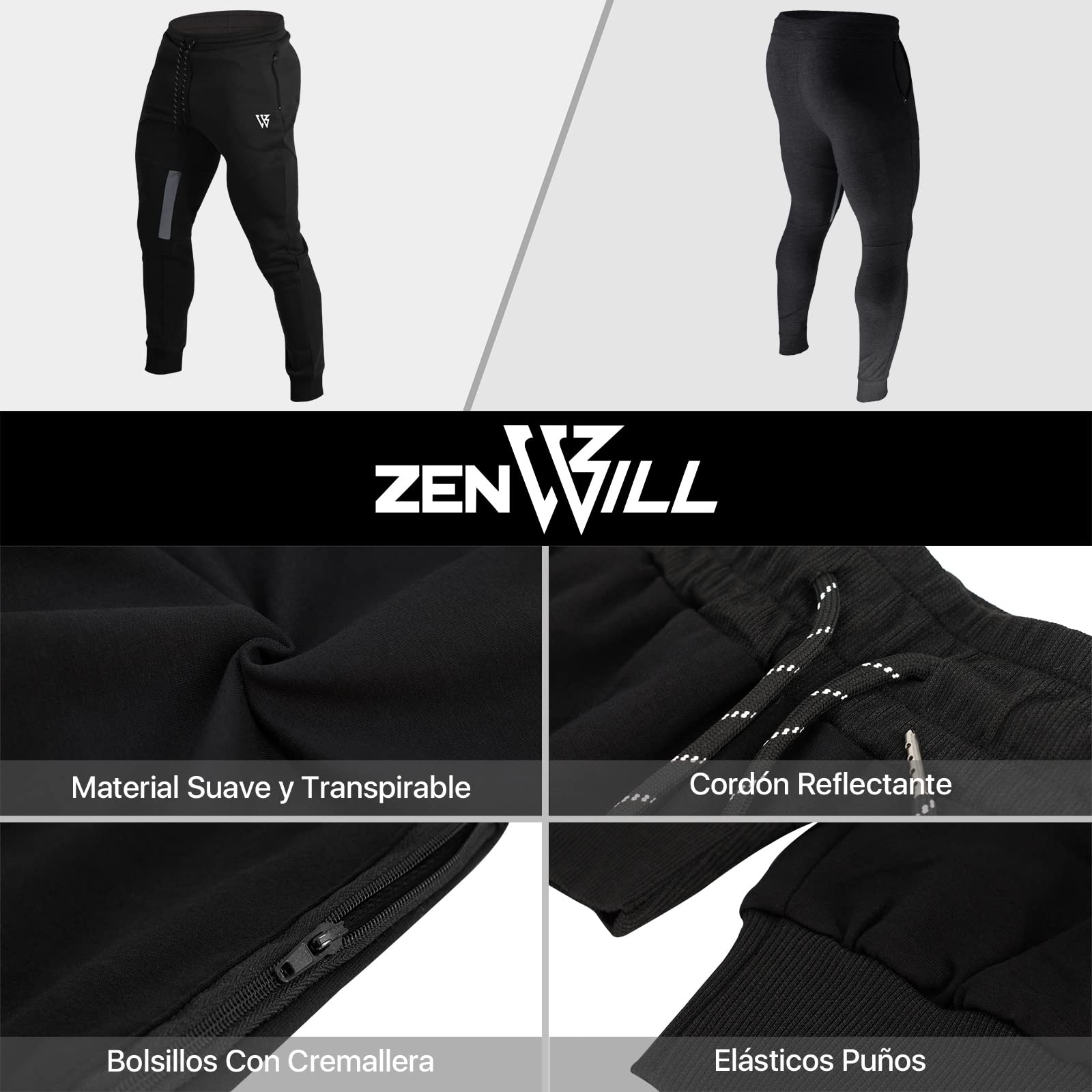 ZENWILL Cremallera Gym Jogger Pantalon Deporte Malla Transpirable Fitness Hombre