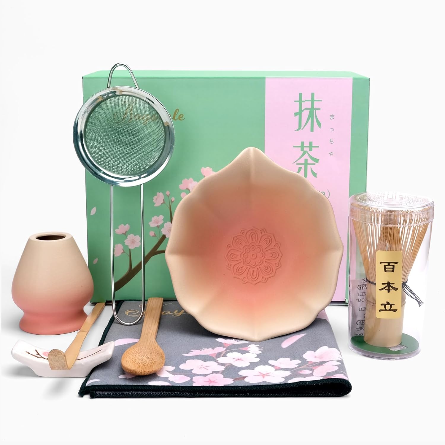 Joyscale Matcha Whisk Set, Matcha Set Whisk And Bowl, 8 Pcs Matcha Kit Set(Lotus Design), 11 OZ, Japanese Matcha Tea Set, Matcha Making Kit Gifts for Tea Lovers(Orange Pink)