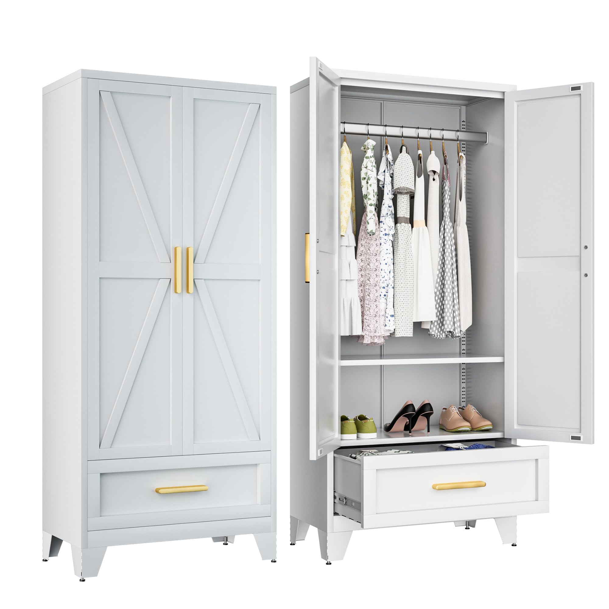 Baborokic Metal Wardrobe Cabinet,71 Armoire Wardrobe Closet with Drawers and Hanging Rod,Metal Armoire with Adjustable Shelves for Closet,Bedroom,