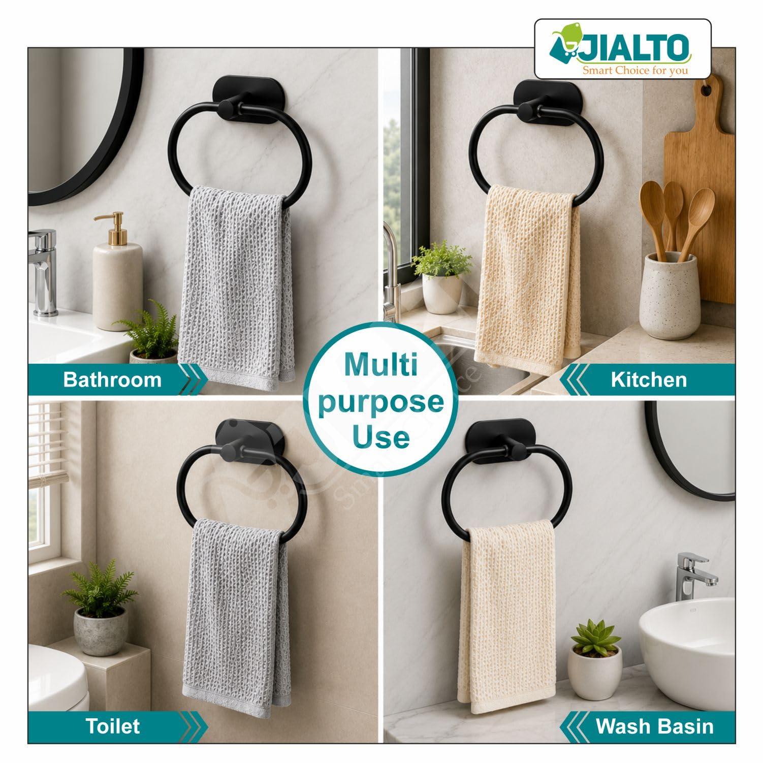 JIALTO 1 PCS Self Adhesive Towel Ring Matte Black, Oval Shaped Modern Hand Towel Holder, Stainless Steel Adhesive Hand Towel Hanger for Bathroom & Kithen Wall Mount (No Drilling) (Black) — Amazon image 5