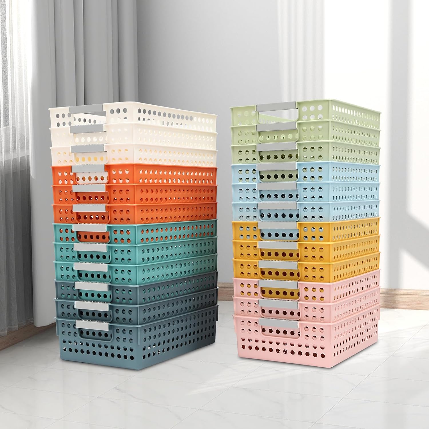 24 Pack Classroom Baskets, Colorful Organizer Baskets, Classroom Storage Bin Book Basket, Pencils Storage Basket Plastic Book Bins for Study Room, Living Room Office Organizer