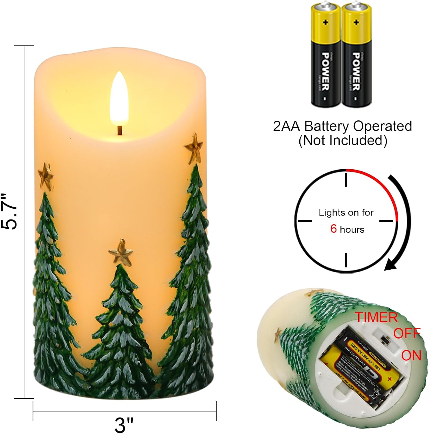 Christmas Tree Candles, Christmas Flameless Candles with 6H Timer, Set of 2 Real Wax Hand-Drawn Patterns LED Pillar Candle for Home Decorations