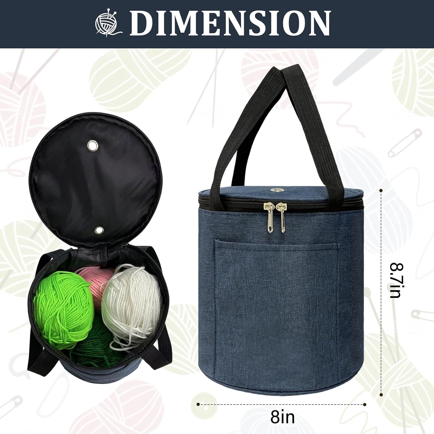Yarn Bag, Small Knitting Crochet Bag, Portable Yarn Storage Bags Organizer for Crocheting Project, Store Skein Ball, Short Knitting Needle (Blue)