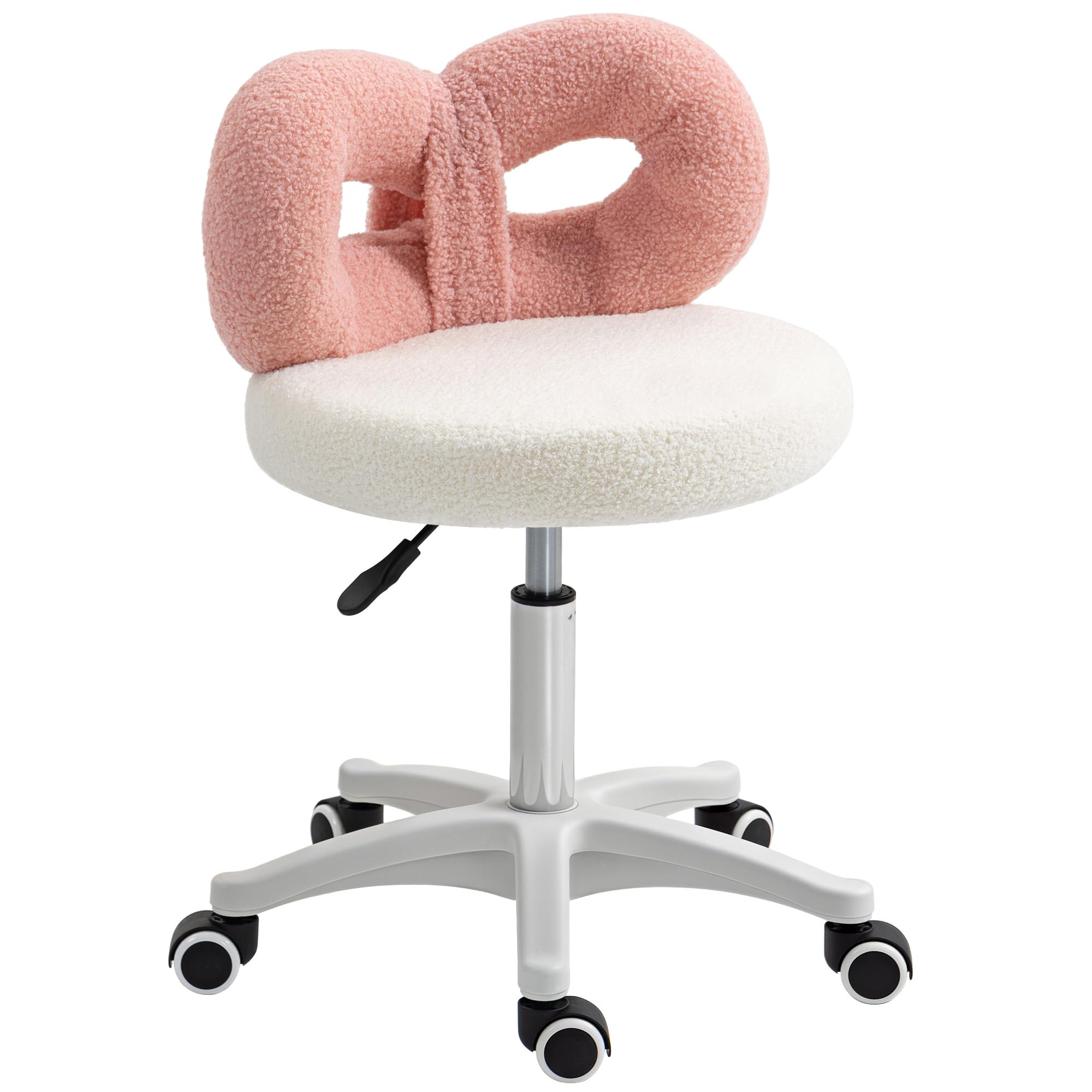 HOMCOM Swivel Stool with Backrest Stool with Wheels Height Adjustable 63-77 cm Upholstered in Sheepskin Fabric for Living Rooms Workshops SPA Massage White and Pink