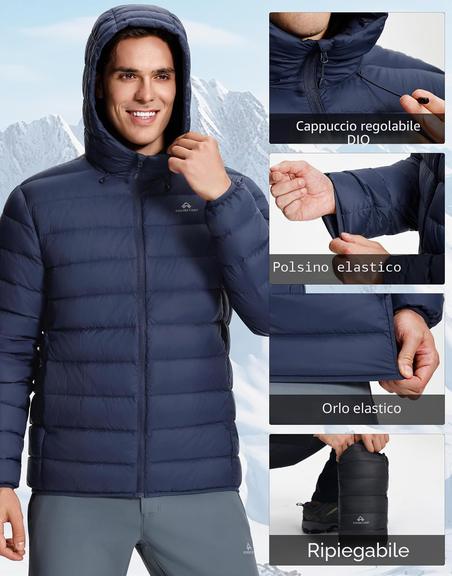 Pioneer Camp Piumino invernale da uomo, 90% piumino d'anatra, 650, leggero, caldo, trapuntato, impermeabile, antivento, con cappuccio