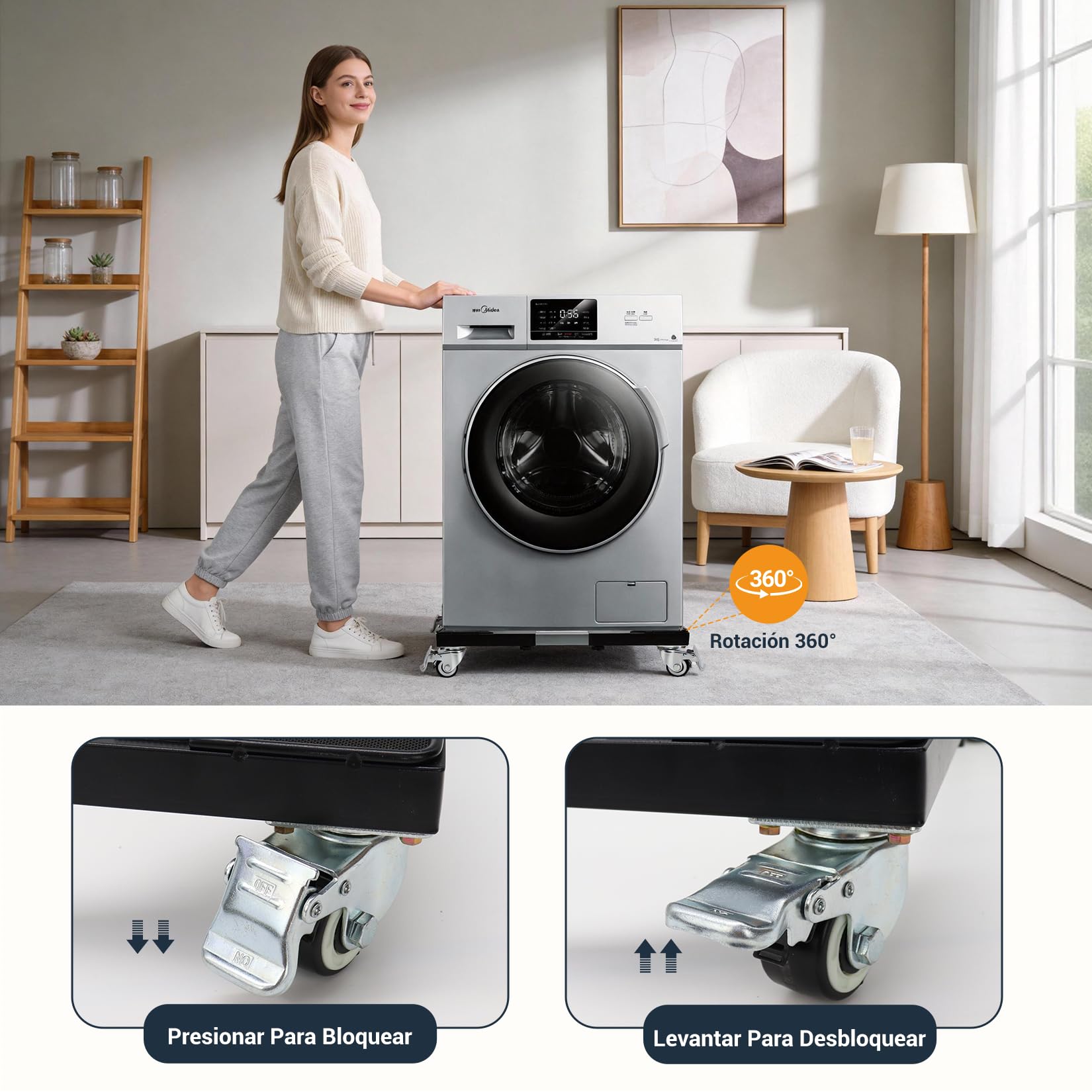 Soporte para Lavadora con 4 Ruedas de Acero Inoxidable, Negro