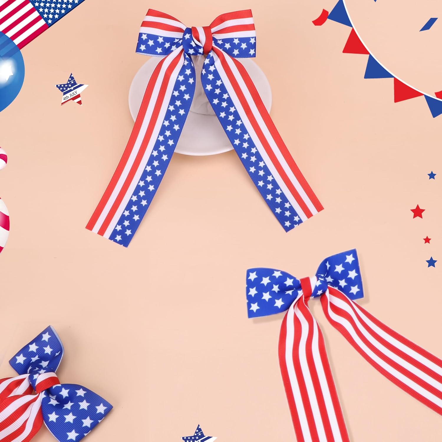 4th of July Patriotic Hair Bows for Girls & Women, American Flag USA Stars Stripe Hair Bow Clips Red White Blue Fourth of July Cheer Hair Accessories for Independence Day, (3.5 * 7.5) Inch - Image 6