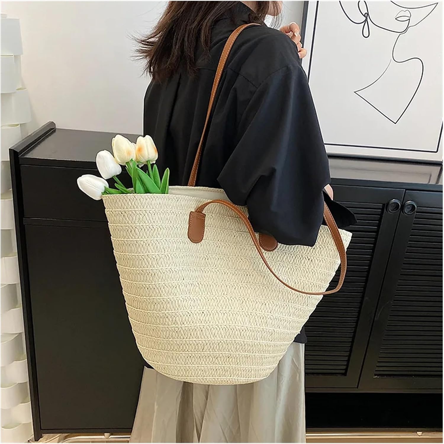 Women's Large Capacity Shoulder Bag Summer Straw Woven Basket Handbag Fashion Female Luxury Designer Beach Bag(Khaki)