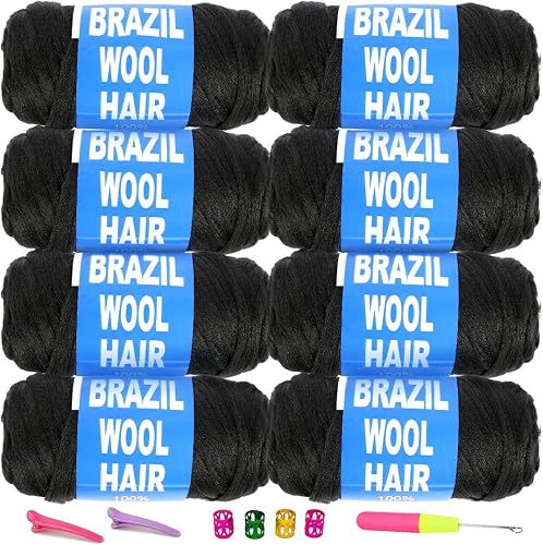 Brazilian Wool Hair Yarn for Braids 100% Brazilian Wool Hair Acrylic Yarn for African Braids/Spring Twist/Faux Locs/Wraps with Crochet Hook(8 Roll, Natural Black)