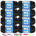 Brazilian Wool Hair Yarn for Braids 100% Brazilian Wool Hair Acrylic Yarn for African Braids/Spring Twist/Faux Locs/Wraps with Crochet Hook(8 Roll, Natural Black)