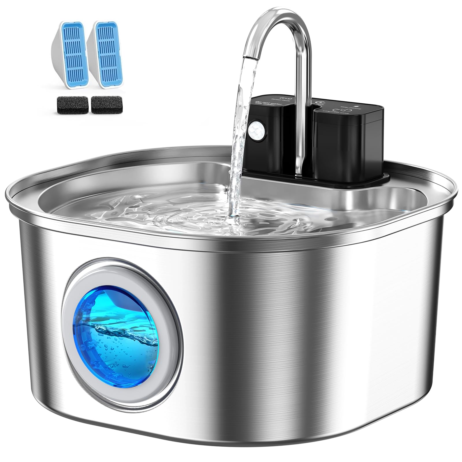 Voluas Stainless Steel Cat Water Fountain: 108oz/3.2L Wireless Cat Fountain Battery Operated for Drinking Indoor, Automatic Pet Water Dispenser Bowl with Ultra Quiet Pump, Easy Clean BPA-Free, 2Filter