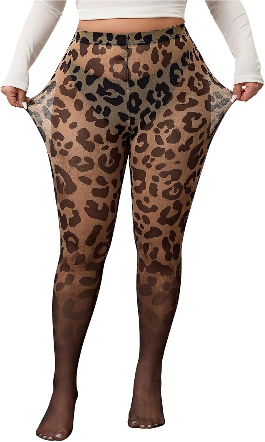 SOLY HUX Women's Plus Size Leopard Leggings Tights Mesh Sheer High Waisted Party Club Pants
