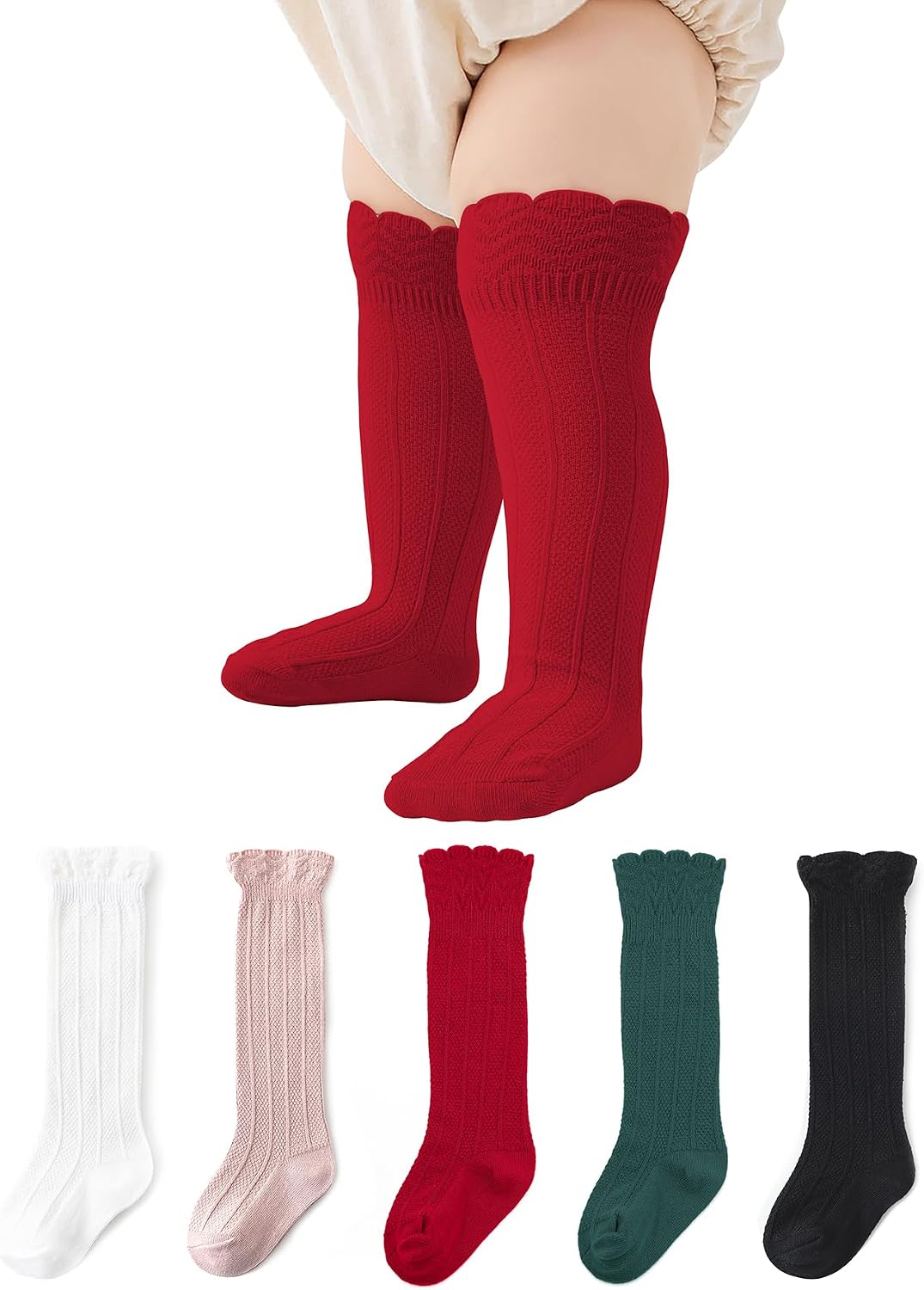 Zando Toddler Girls Knee High Socks 5-Pack, Soft Cotton Long Tube Ruffle Socks for Preemie Infant Newborn Toddler 0-3T