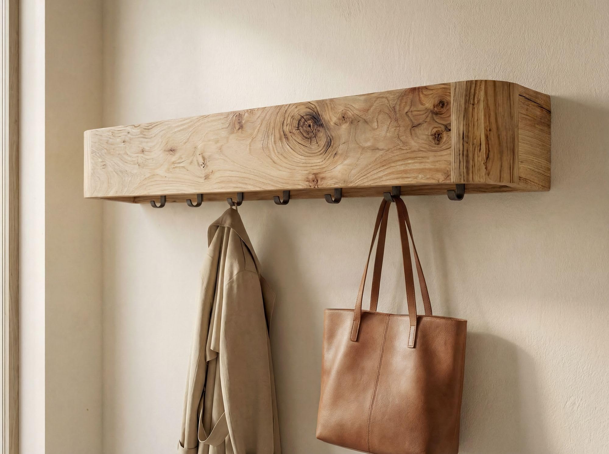 FineBuy Wieszak Ścienny 100x20x20 cm Lite Drewno Akacjowe, 7 Haczyki | organiczny panel garderobiany w stylu skandynawskim, wieszak ścienny z drewna, listwa z haczykami ręcznie wykonana